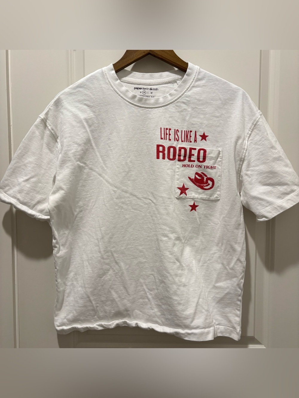 Paper Denim & Cloth White Oversized Tee with Red Rodeo Graphic and Pocket